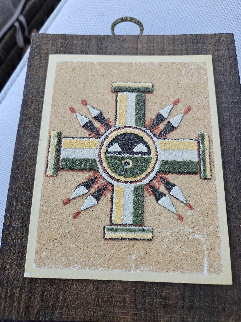 Vintage Authentic Framed Navajo Sun Symbol Sand Painting Plaque